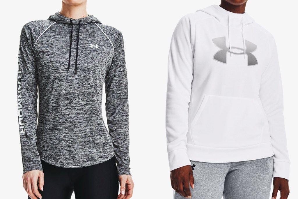 two women in grey and white under armour hoodies