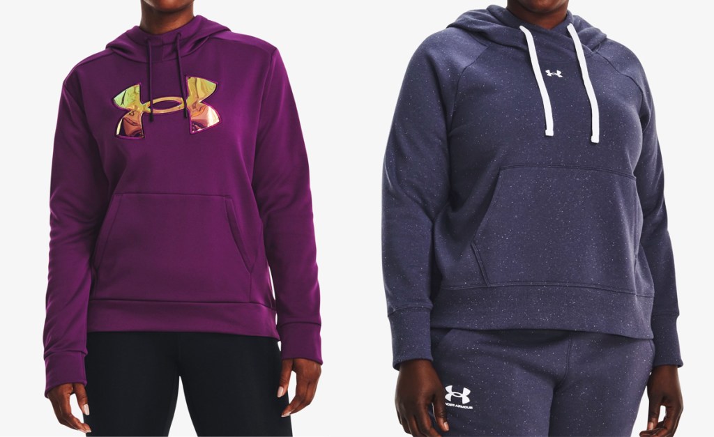 two women in dark purple and blue under armour hoodies