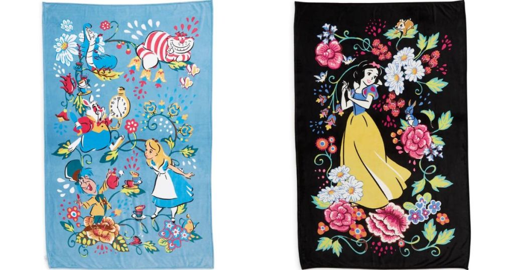 Two throw blankets, the first with Alice in Wonderland and the second with Snow White