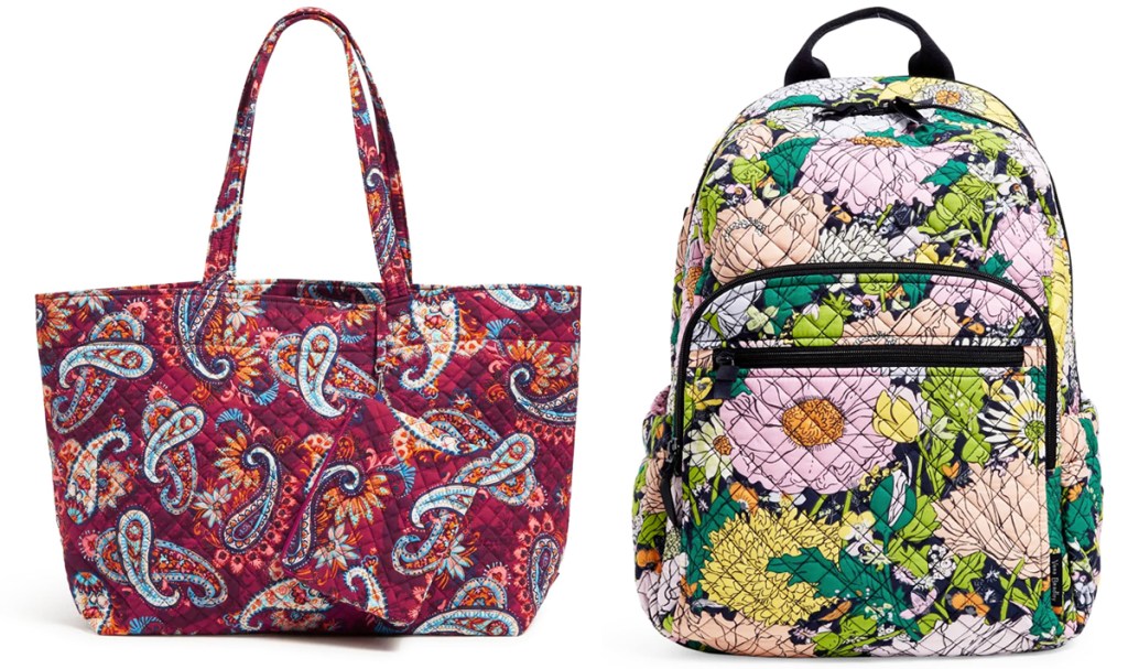 paisley print tote back and floral print backpack