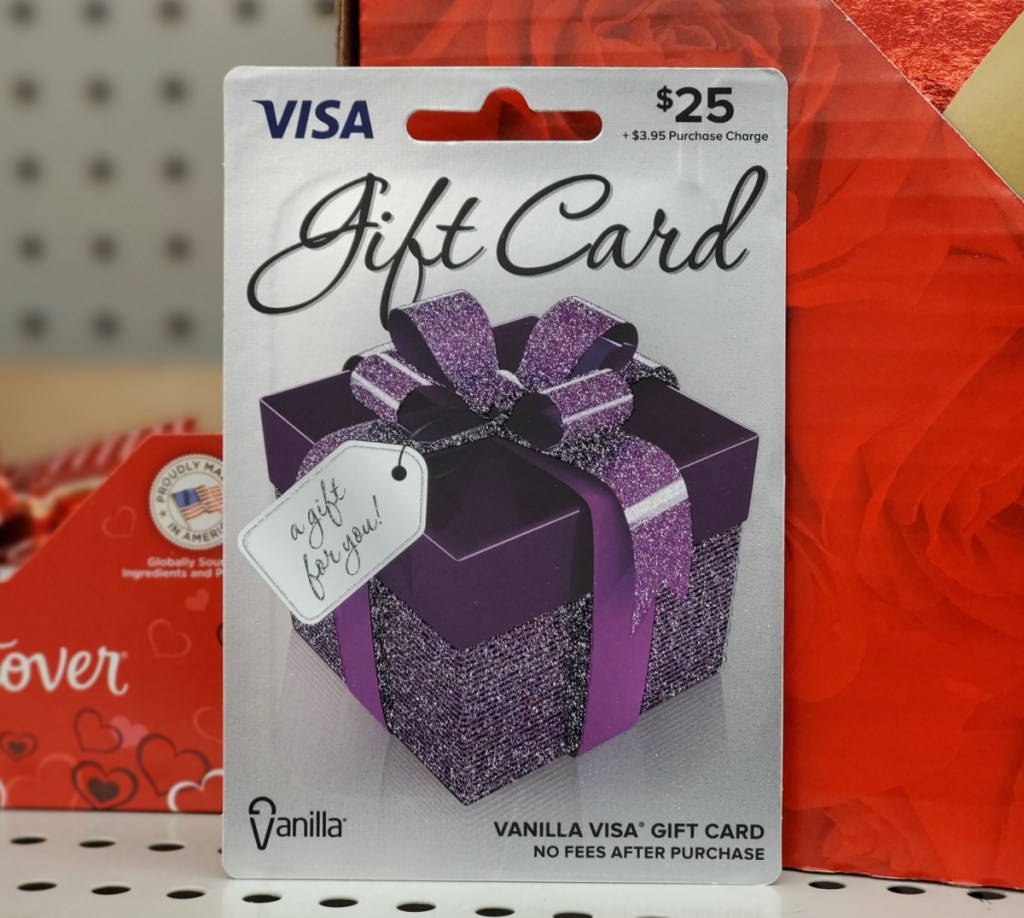 A visa gift card displayed on a store shelf