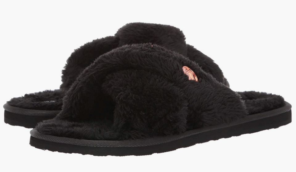 Pair of black fuzzy slippers