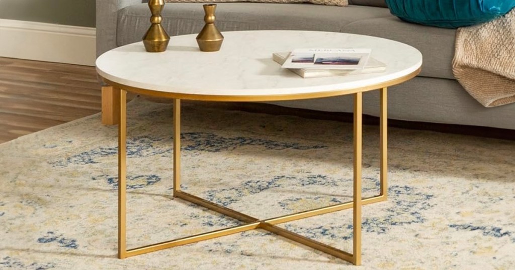 Walker Edison Modern Glam Round Accent Faux White Marble Coffee Table