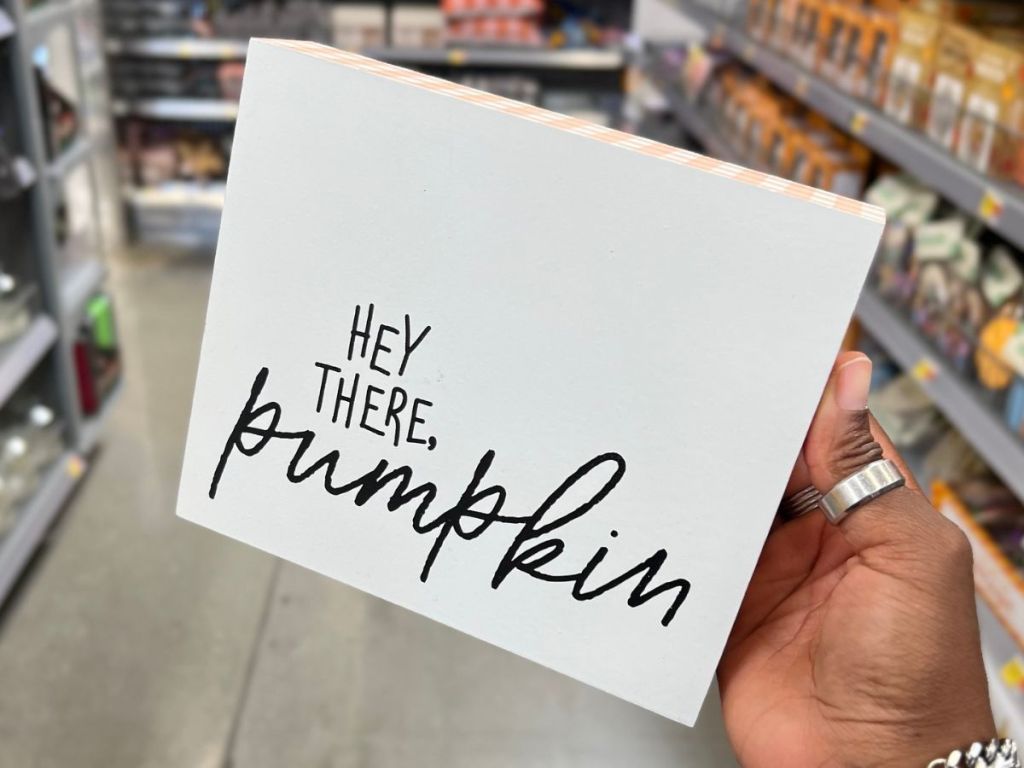hand holding a Hey There, Pumpkin wall sign