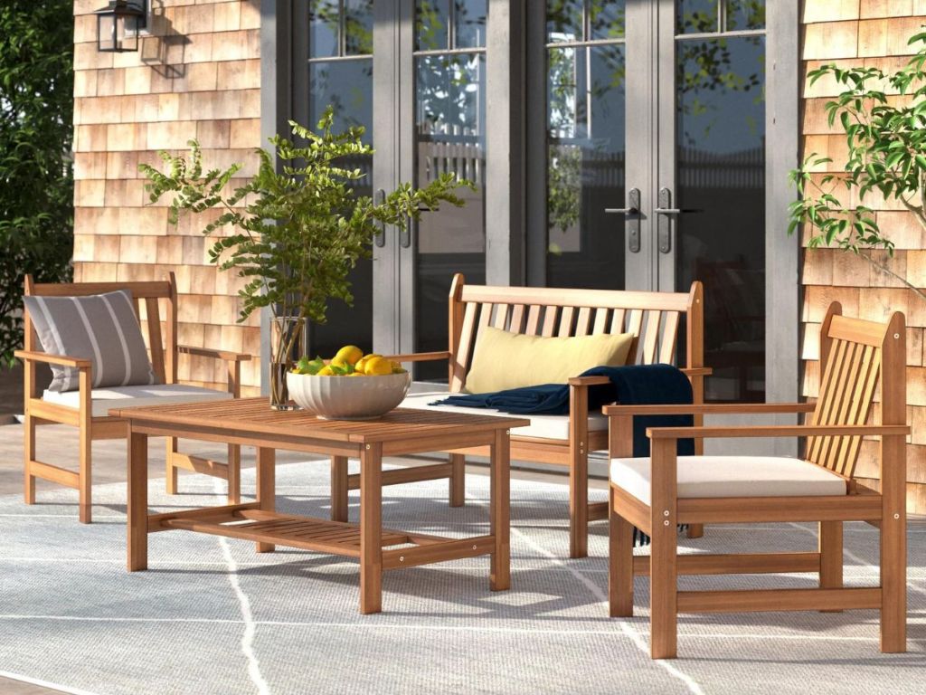 Solid Wood Patio set with cushions on a patio