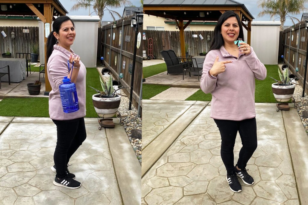 front and side view of a woman wearing pink sweatshirt and black leggings