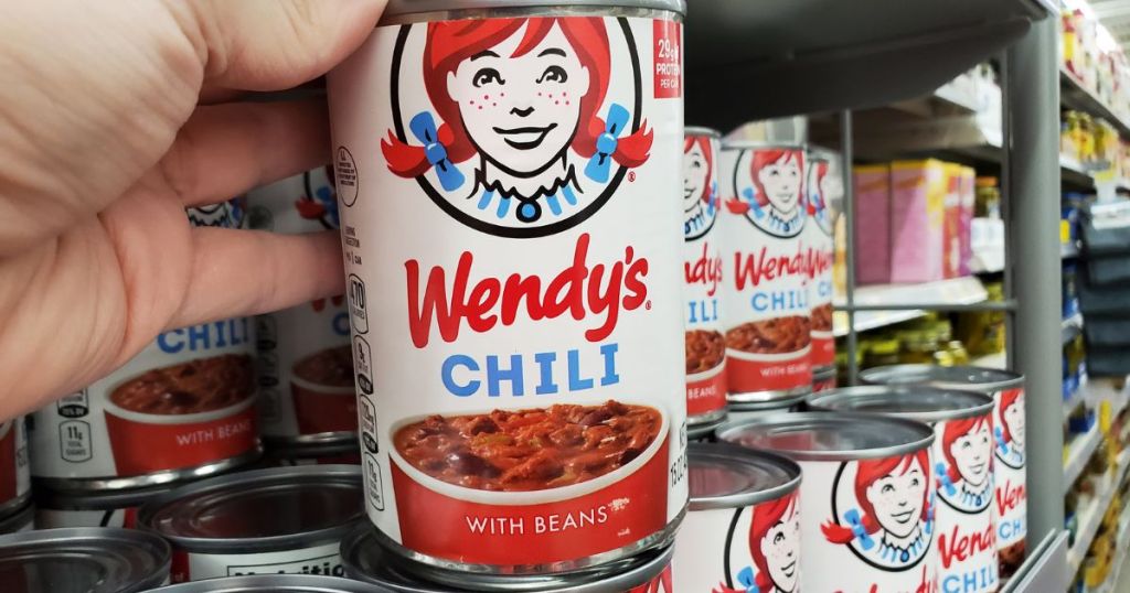 can of Wendy's Chili on store shelf
