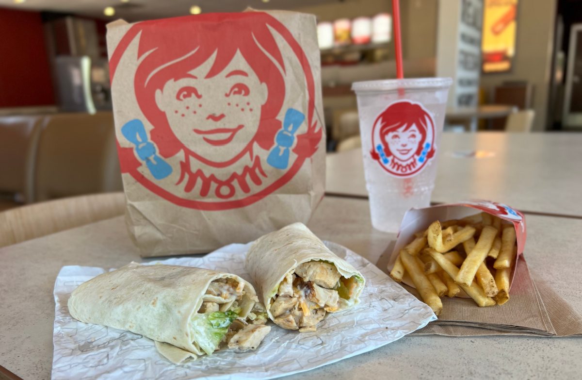 wendy's ranch chicken wrap with fries, a drink, and a wendy's bag