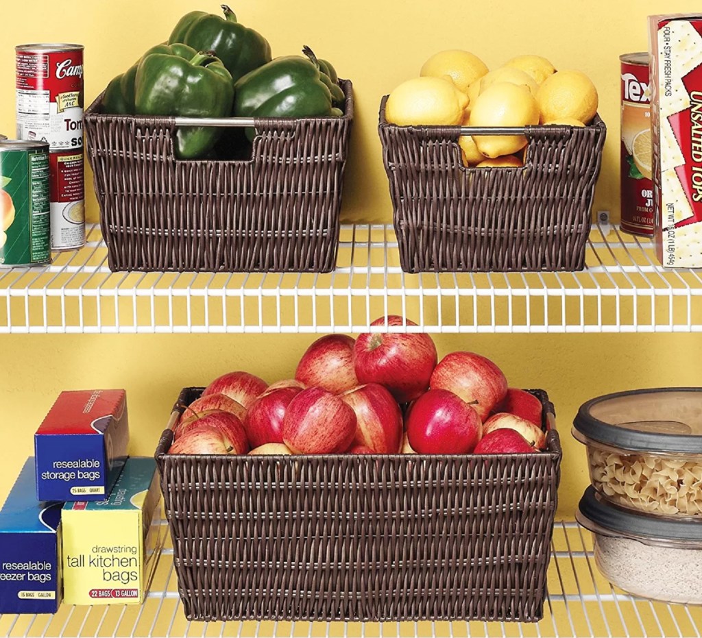 fruits and veggies in brown baskets in a pantry