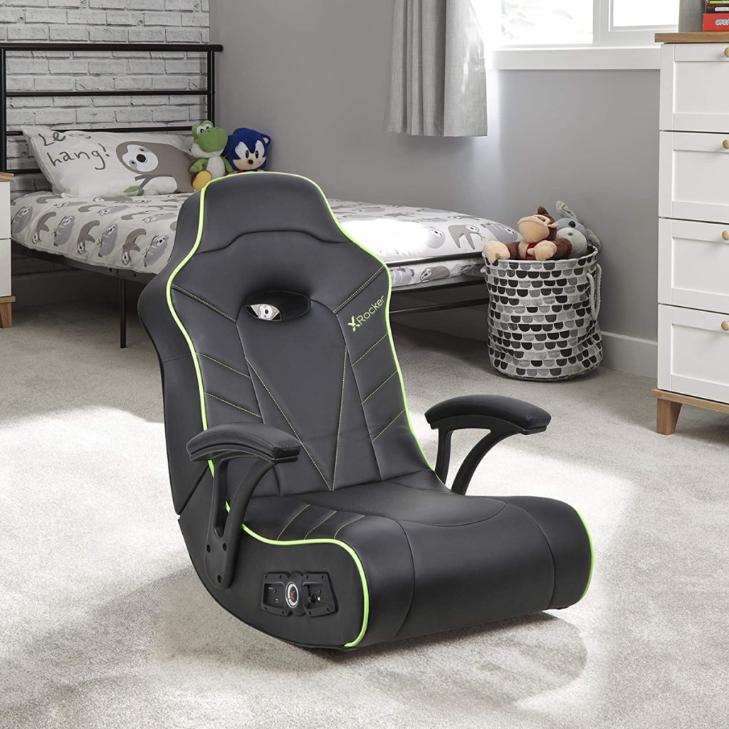 An X Rocker Limewire gaming rocker displayed on the floor of a kids bedroom