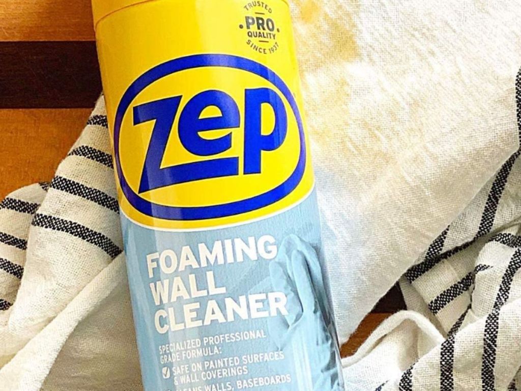 Bottle of Zep Foaming Wall Cleaner on a rag