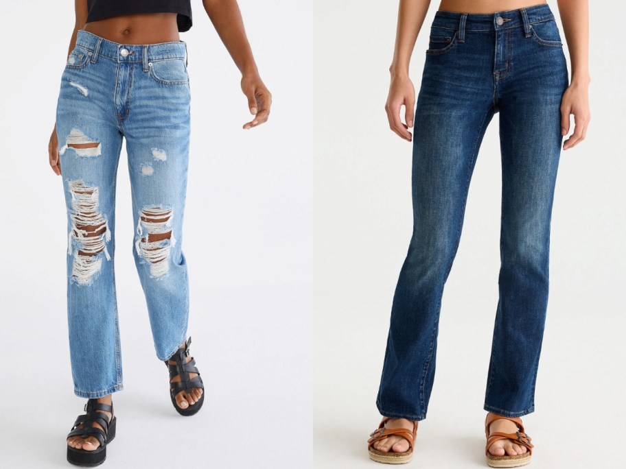 woman wearing light wash torn jeans and woman wearing mid wash bootcut jeans