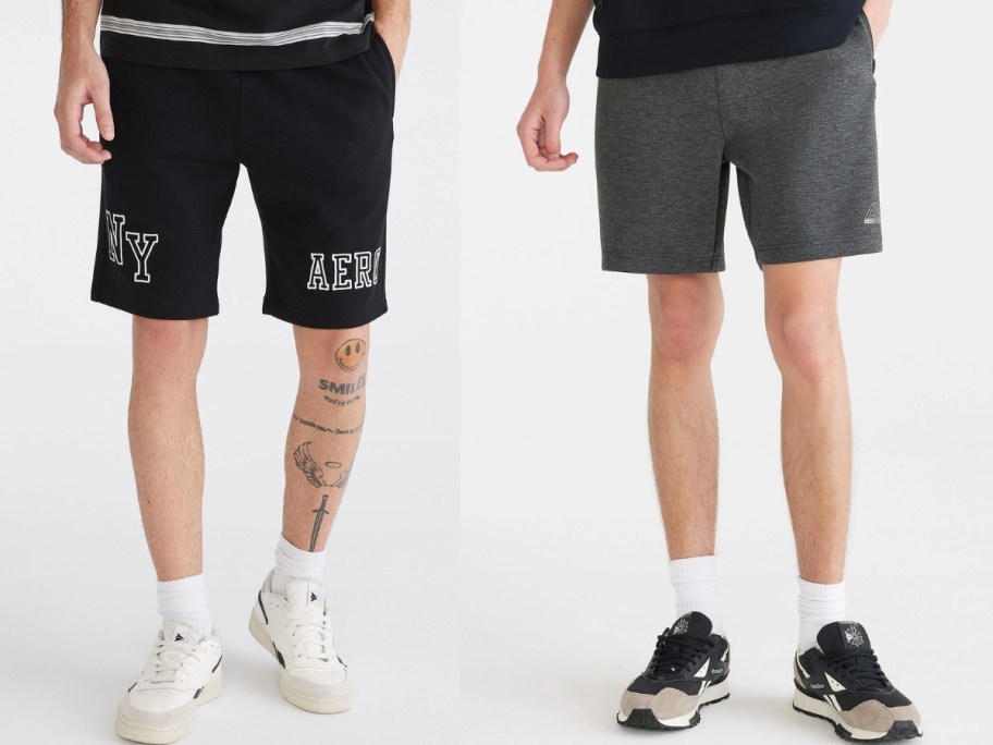 men wearing Aeropostale fleece shorts and sneakers