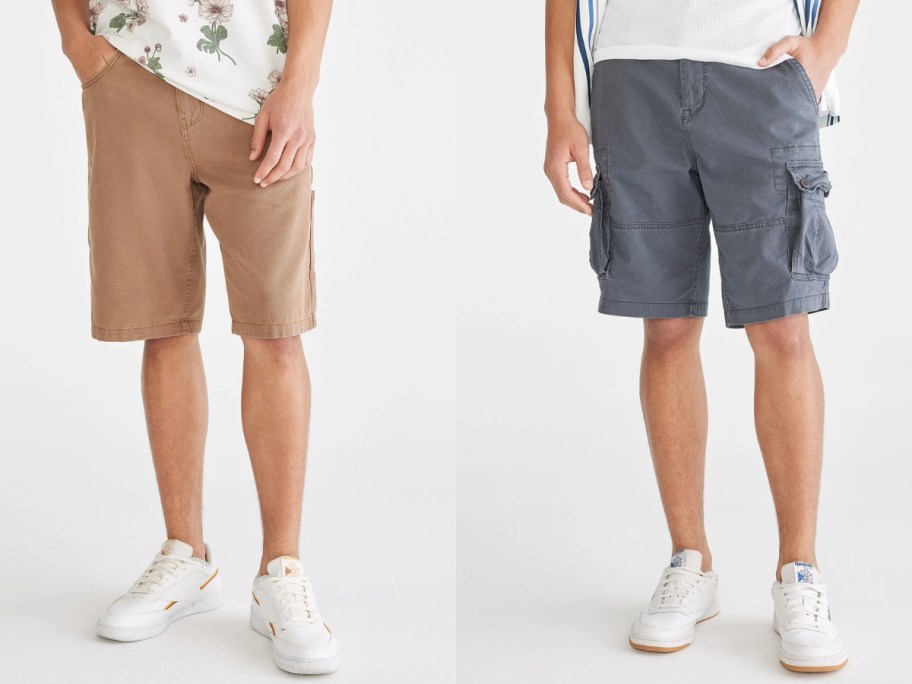 men wearing tan shorts and grey cargo shorts