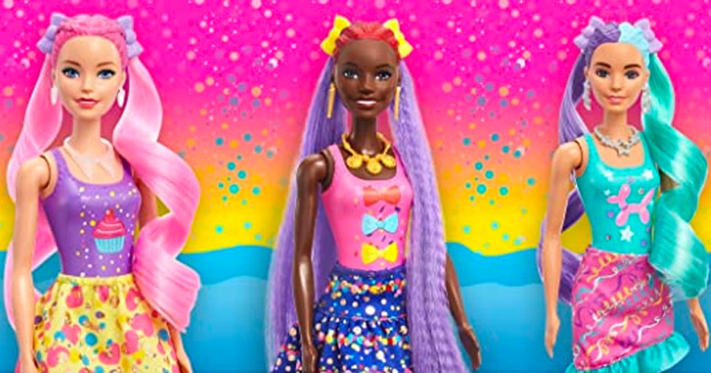 three color reveal barbies with pink, purple and green hair