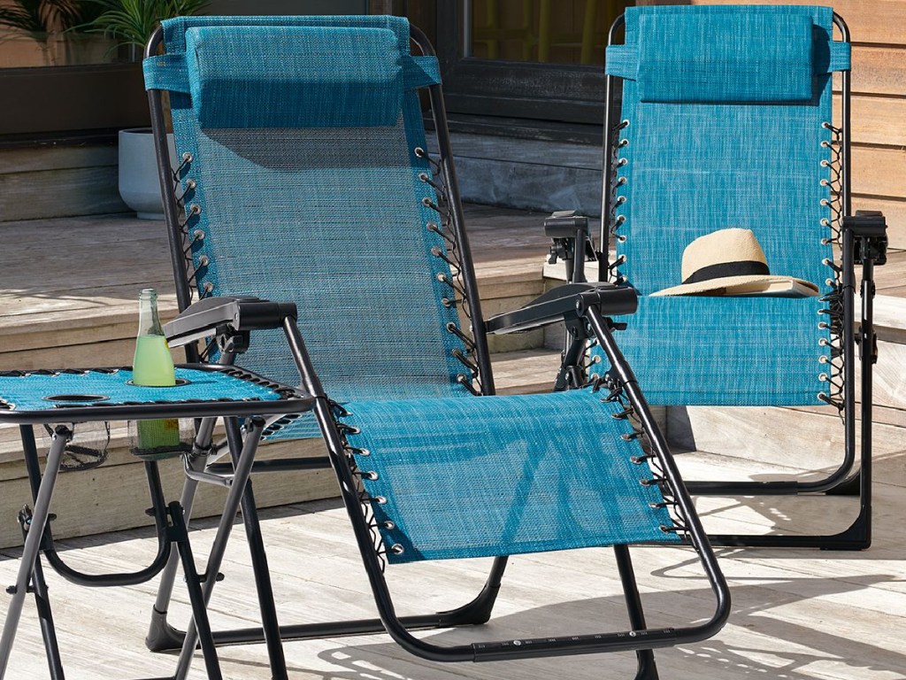 blue Sonoma Goods For Life Anti-Gravity Patio Chairs displayed