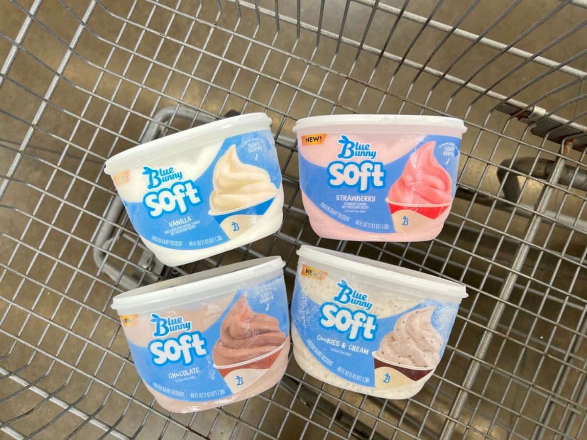 4 flavors of Blue Bunny soft ice cream in a shopping cart