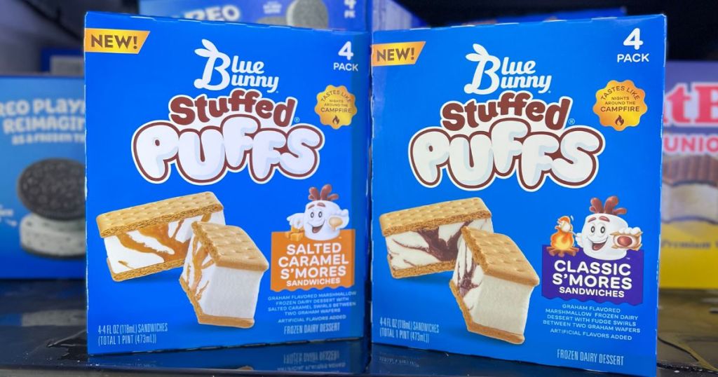 blue bunny stuffed puffs sandwiches in salted caramel smores and classic smores