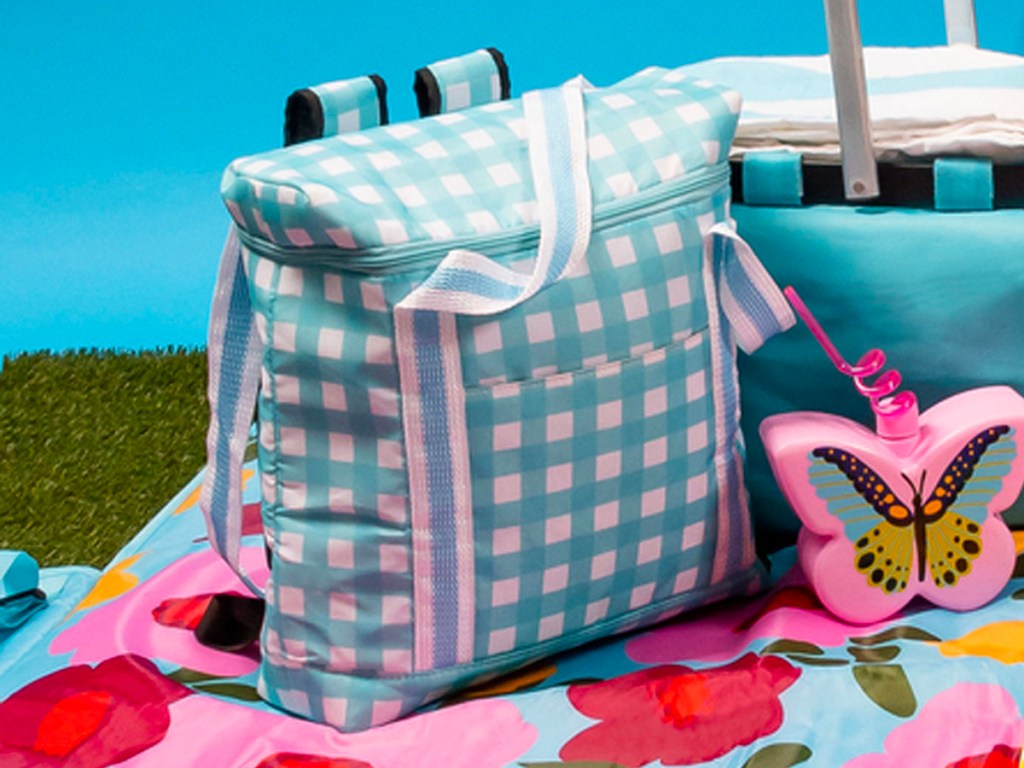 blue and white checkered backpack cooler on blanket next to butterfly cup