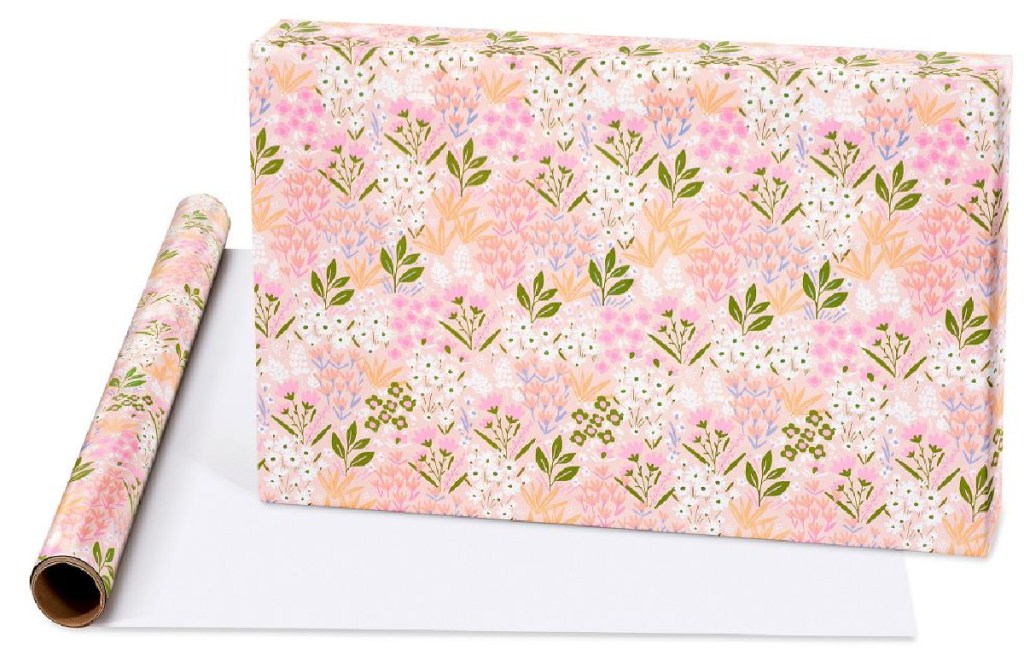 box wrapped in floral wrapping paper