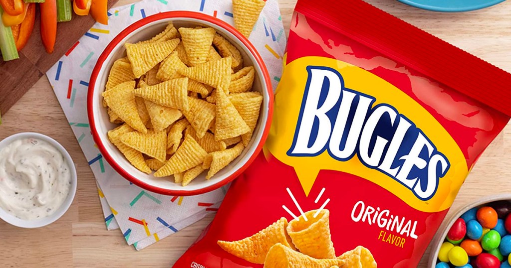 bugles corn snacks bag with bowl of bugles