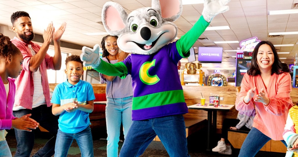 family with Chuck E. Cheese