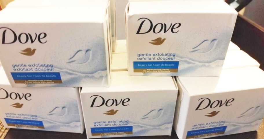 dove beauty bars in boxes stacked on table