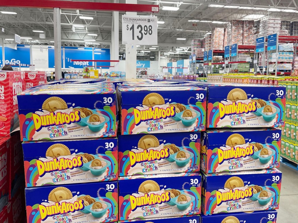 dunkaroos cinnamon toast crunch boxes stacked at Sam's Club