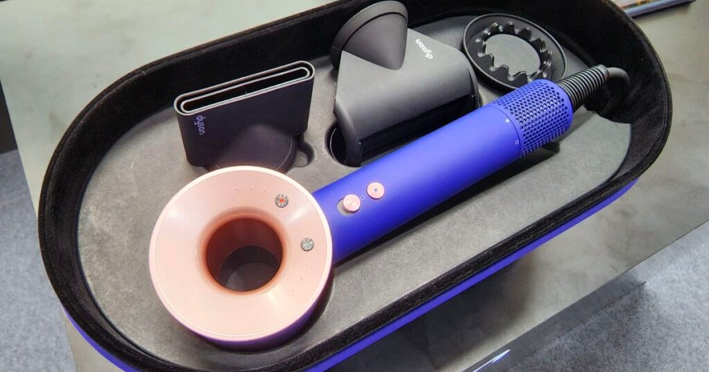 blue and rose dyson hair dryer with case