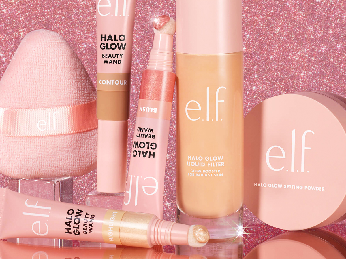 elf halo glow products on a pink sparkly background