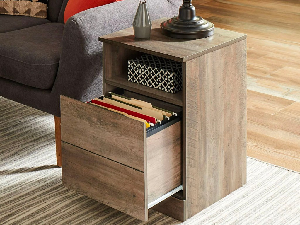 gray oak end table open with files inside