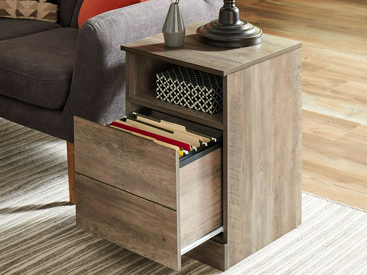 gray oak end table open with files inside