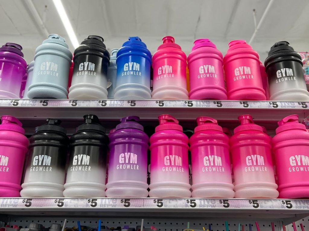 multiple colorful GYM growlers on store shelves