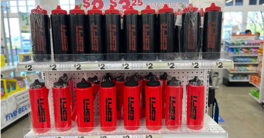 black and red ESPN water bottles on store shelf