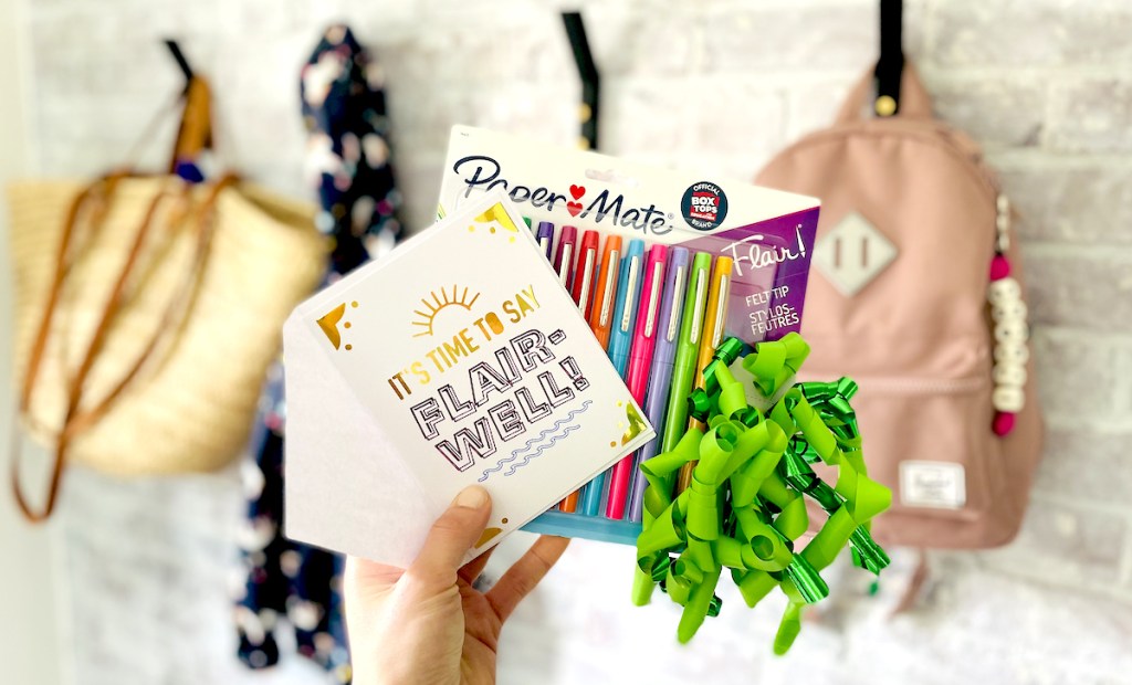 hand holding pack of flair pens with teacher appreciation card printable