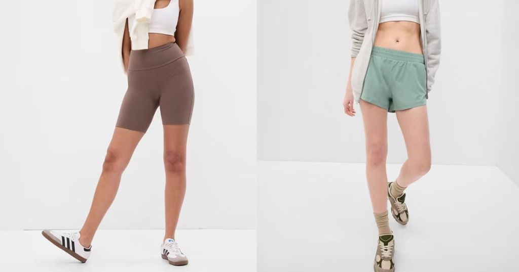 woman wearing brown workout shorts and woman wearing mint green shorts