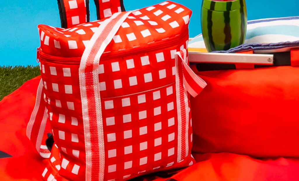 red and white checkered backpack cooler on red blanket
