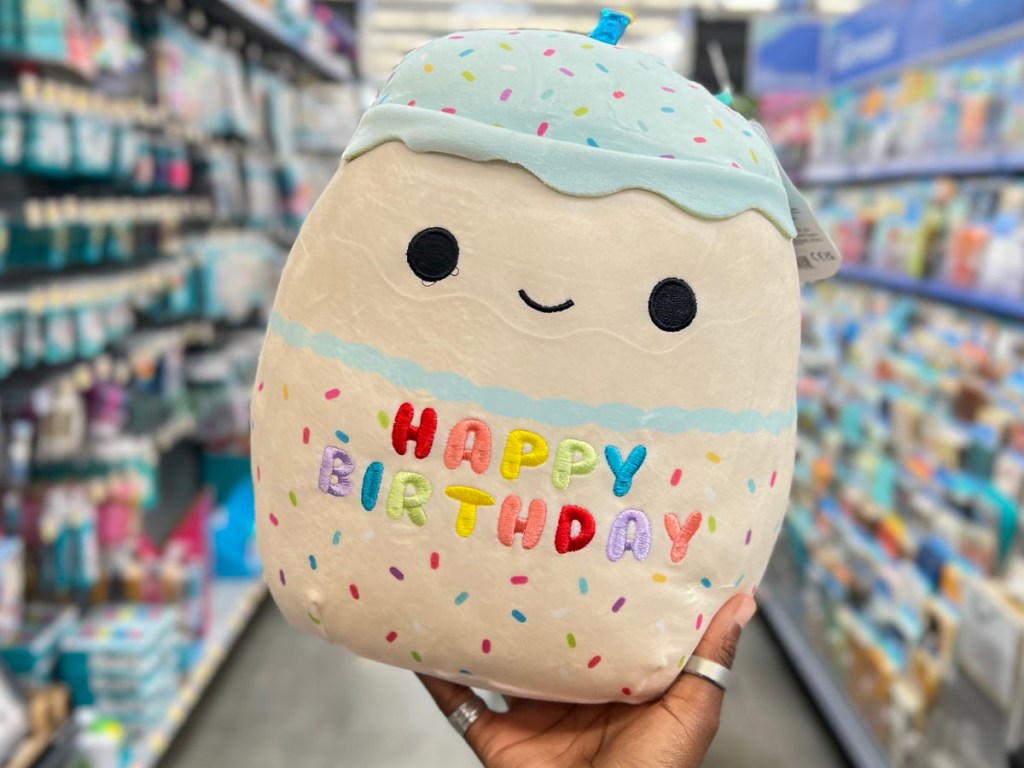 hand holding happy birthday squishmallow