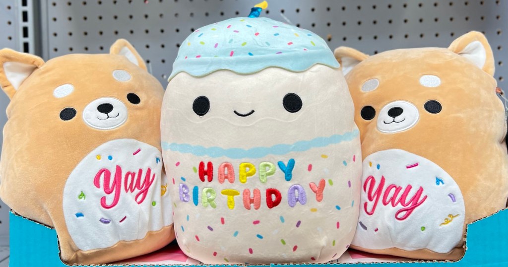 happy birthday and yay squishmallows on shelf in walmart