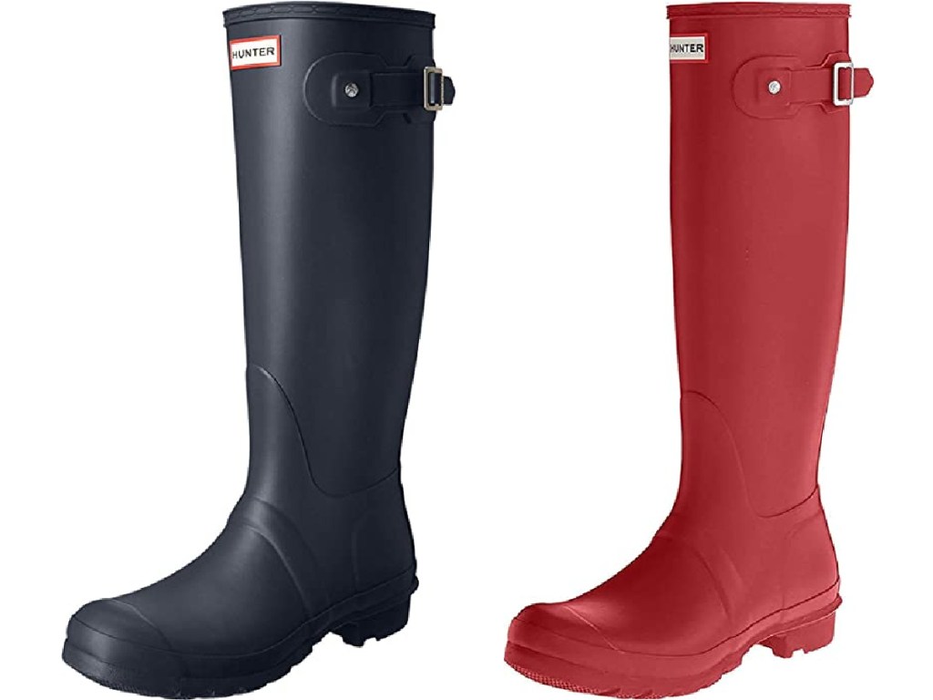 hunter boots in navy and red