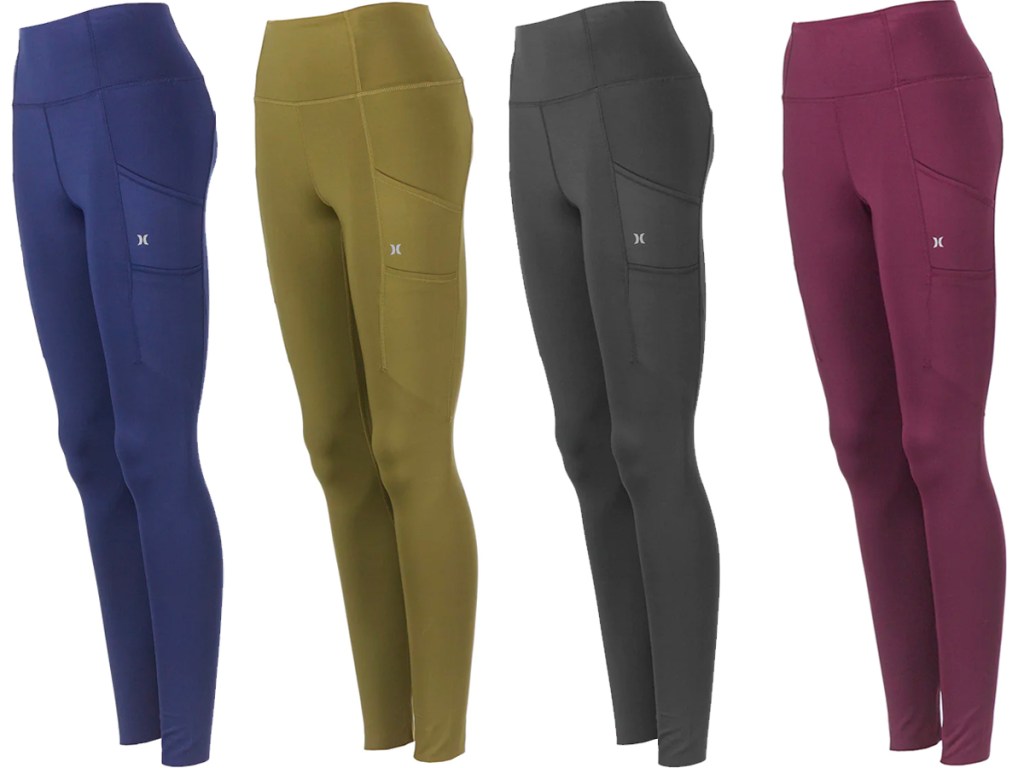 four pairs of hurley leggings blue, green, gray and maroon