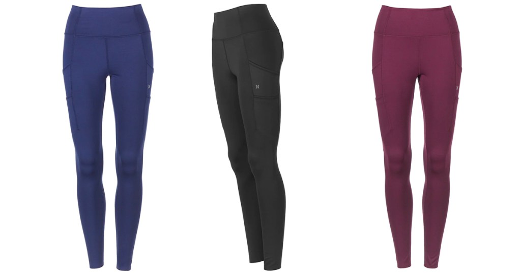 three hurley blue, black and maroon leggings 