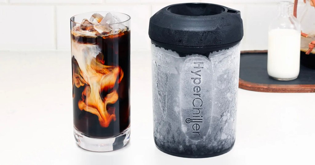 hyperchiller next to iced coffee in glass