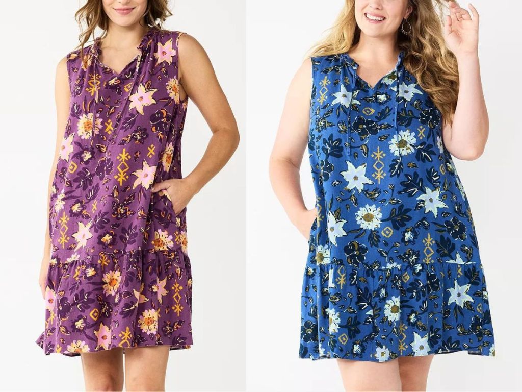 woman wearing purple floral dress and woman wearing blue floral dress