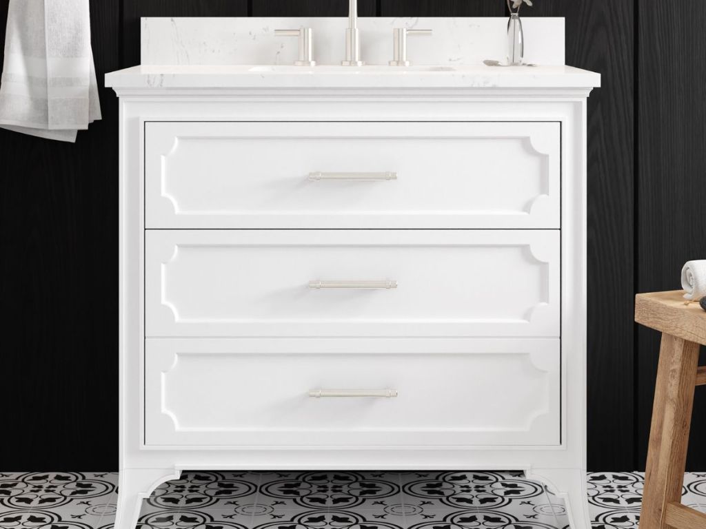 white vanity with white top in bathroom