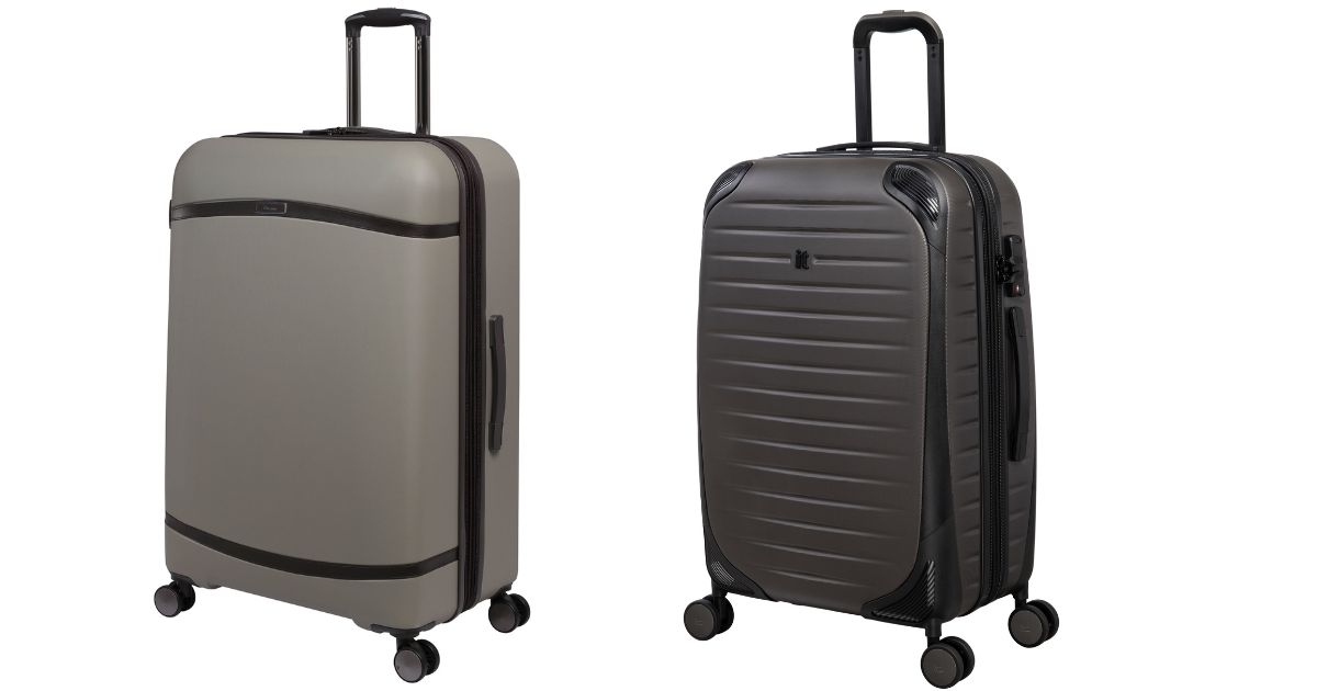 tan hardside luggage and dark gray hardside luggage