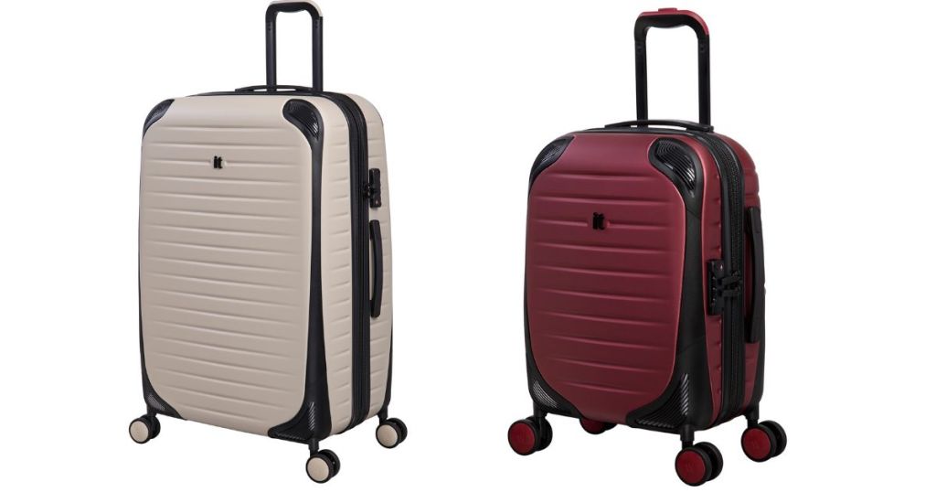 beige hardside luggage and red hardside luggage