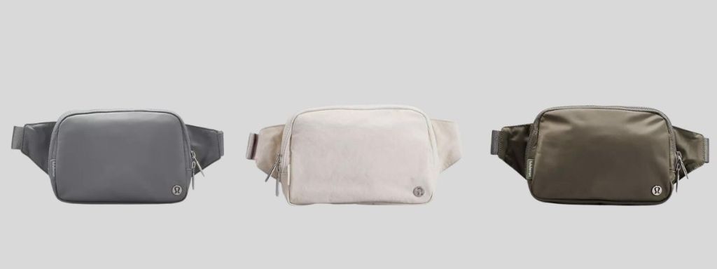 gray, white, and green Lululemon belt bags