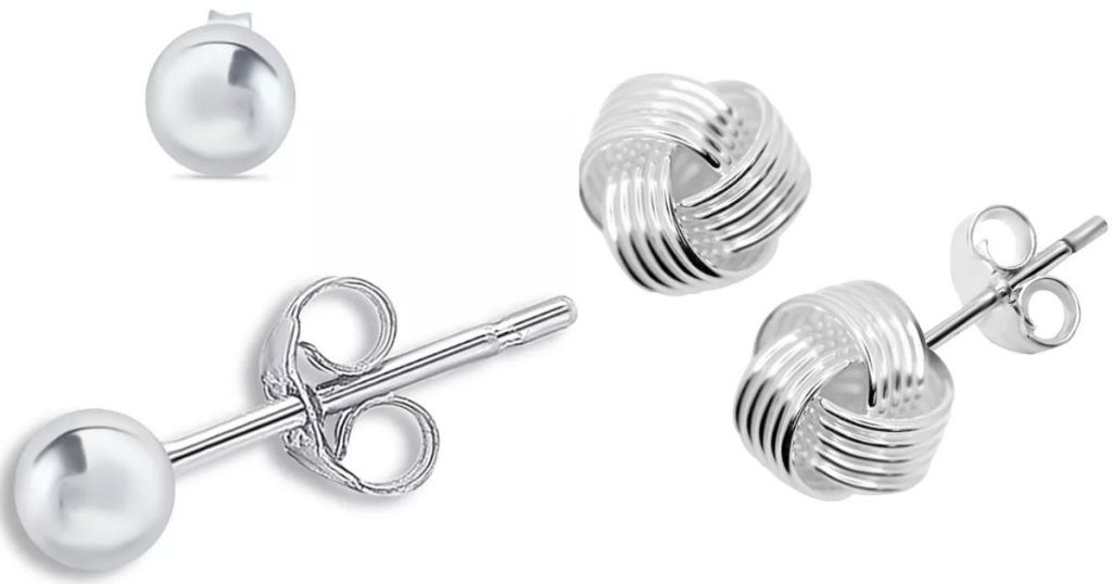 sterling silver pearl stud earrings and knot stud earrings