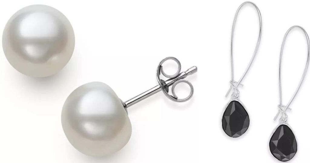 pearl earrings and black drop earrings